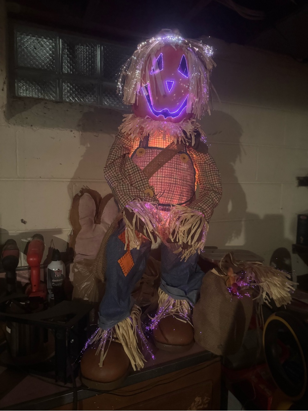 Brother Light-Up Orange Pumpkin Scarecrow Costume with Denim Overalls